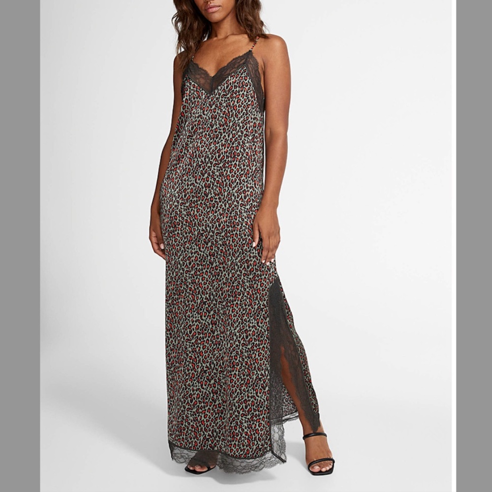 Scotch and Soda lace edging cheetah maxi satiny slip dress NWT